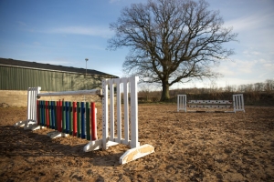Floodlit outdoor arena with full set of show jumps